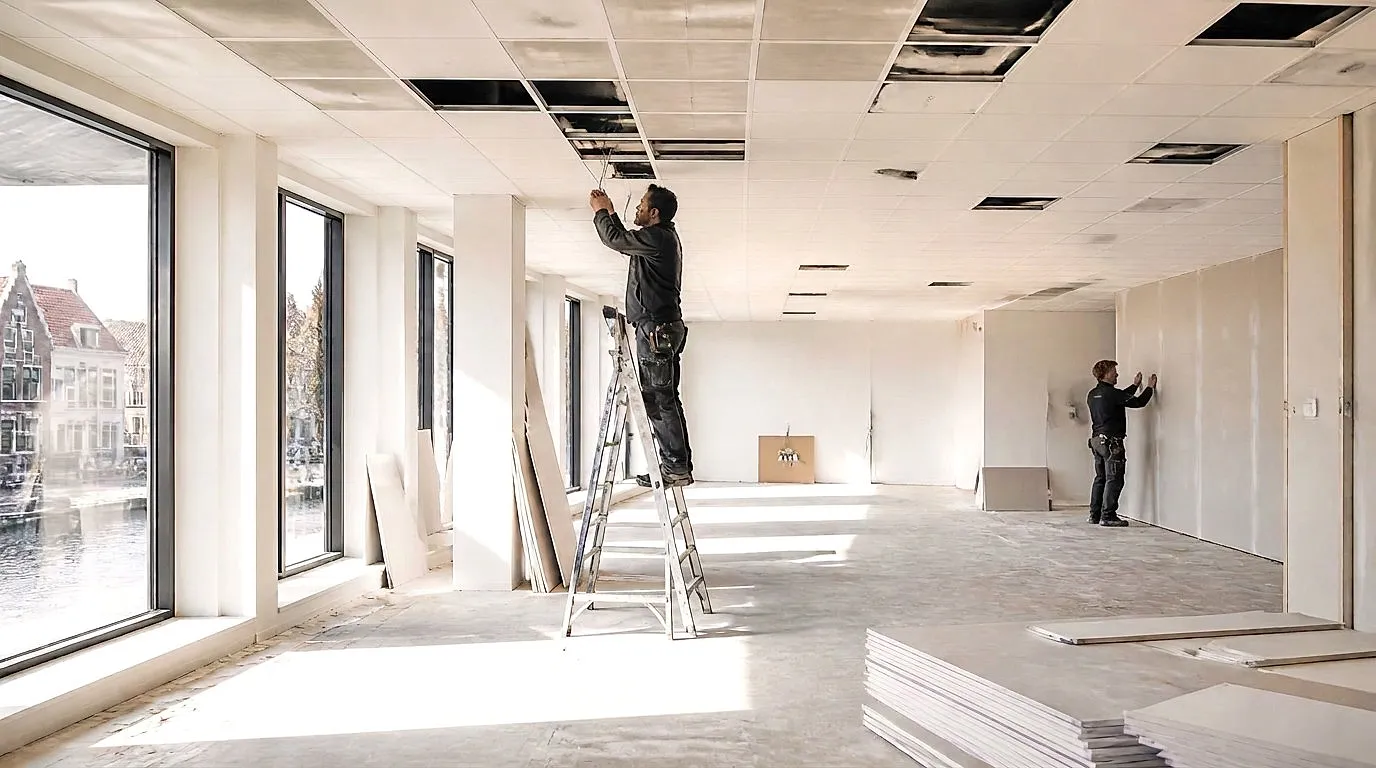 Licht commercieel pand in verbouwing bij daglicht met vakmensen in donkere werkkleding