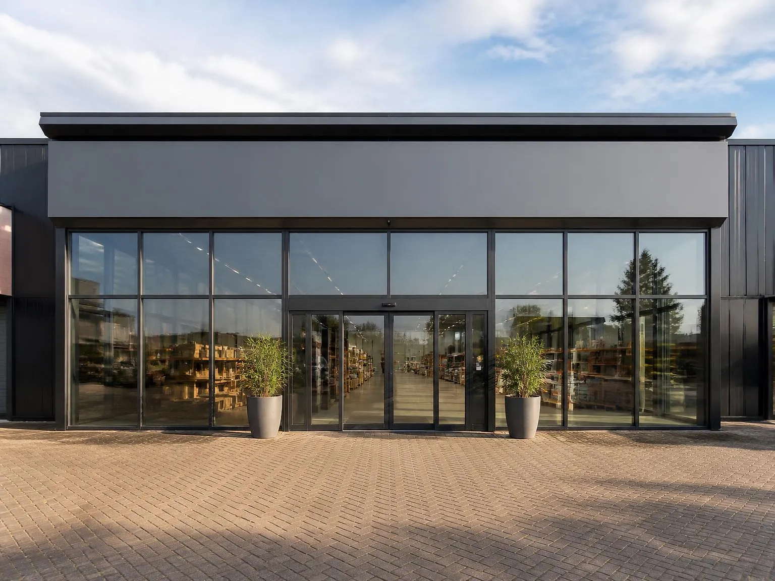 Nieuwe aluminium winkelpui met glazen entree van een groothandelsvestiging bij daglicht