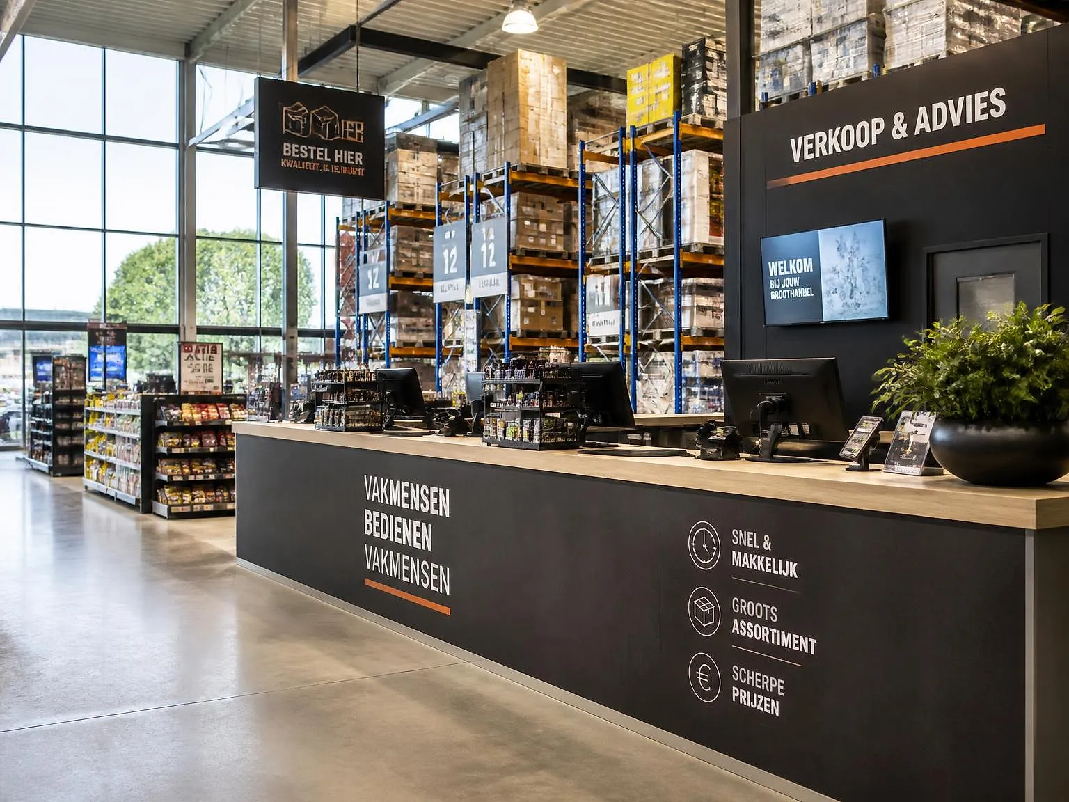 Interieur van een groothandel met verkoopbalie en stellingen bij daglicht