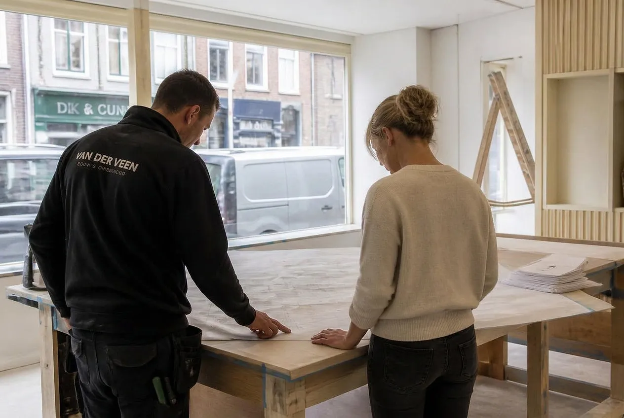 Ervaren uitvoerder en winkelier bekijken samen bouwtekeningen in een winkel die wordt verbouwd